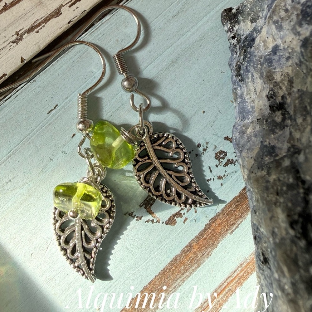 Peridot Beaded Leaf Earrings — Silver Hooks, Lightweight Dangles